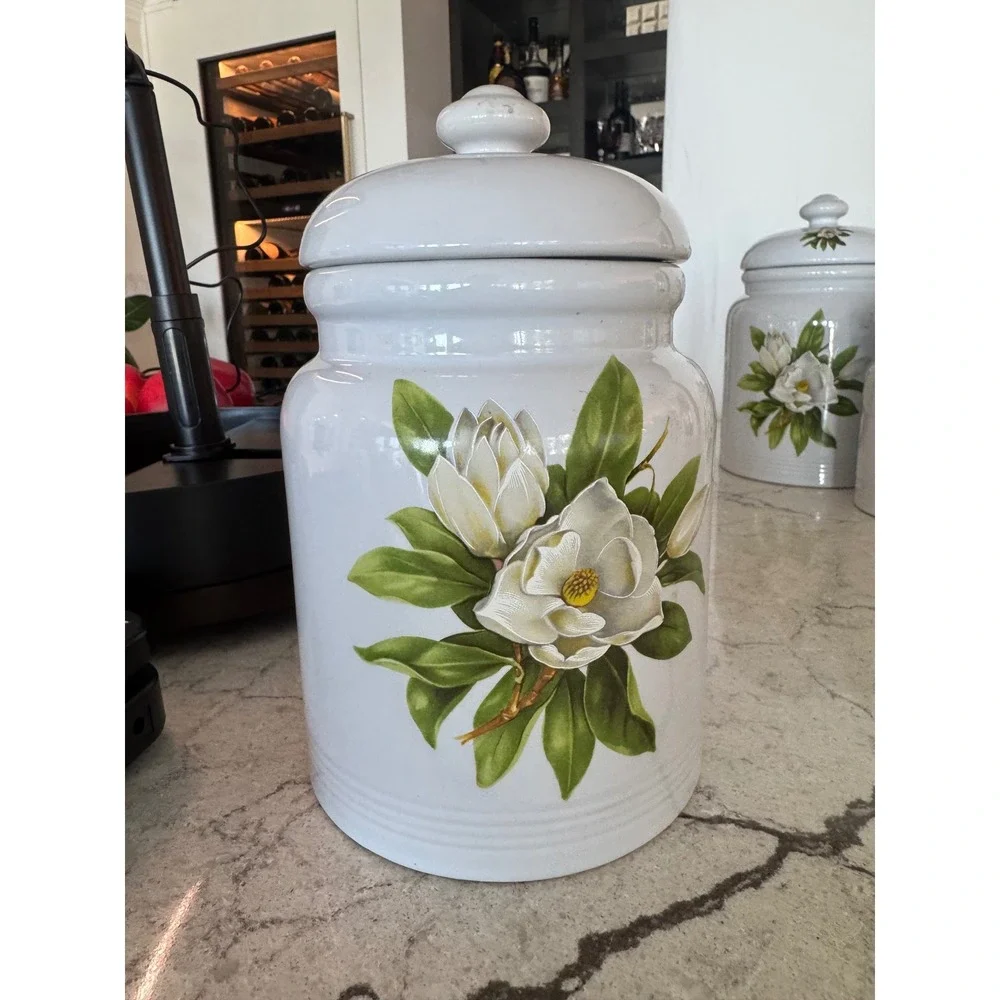 Vintage White Magnolia Ceramic Canister Set 4 Piece Floral Kitchen Storage Jars
